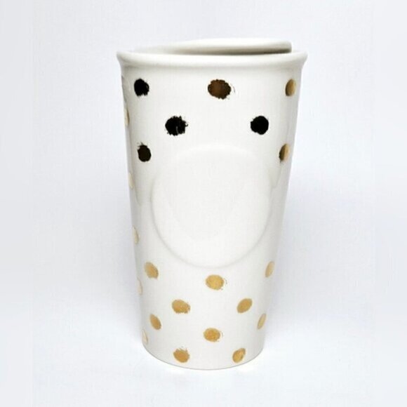 Starbucks 2014 Gold & Black Polka Dot Ceramic Travel Mug – 10oz - Picture 3 of 8
